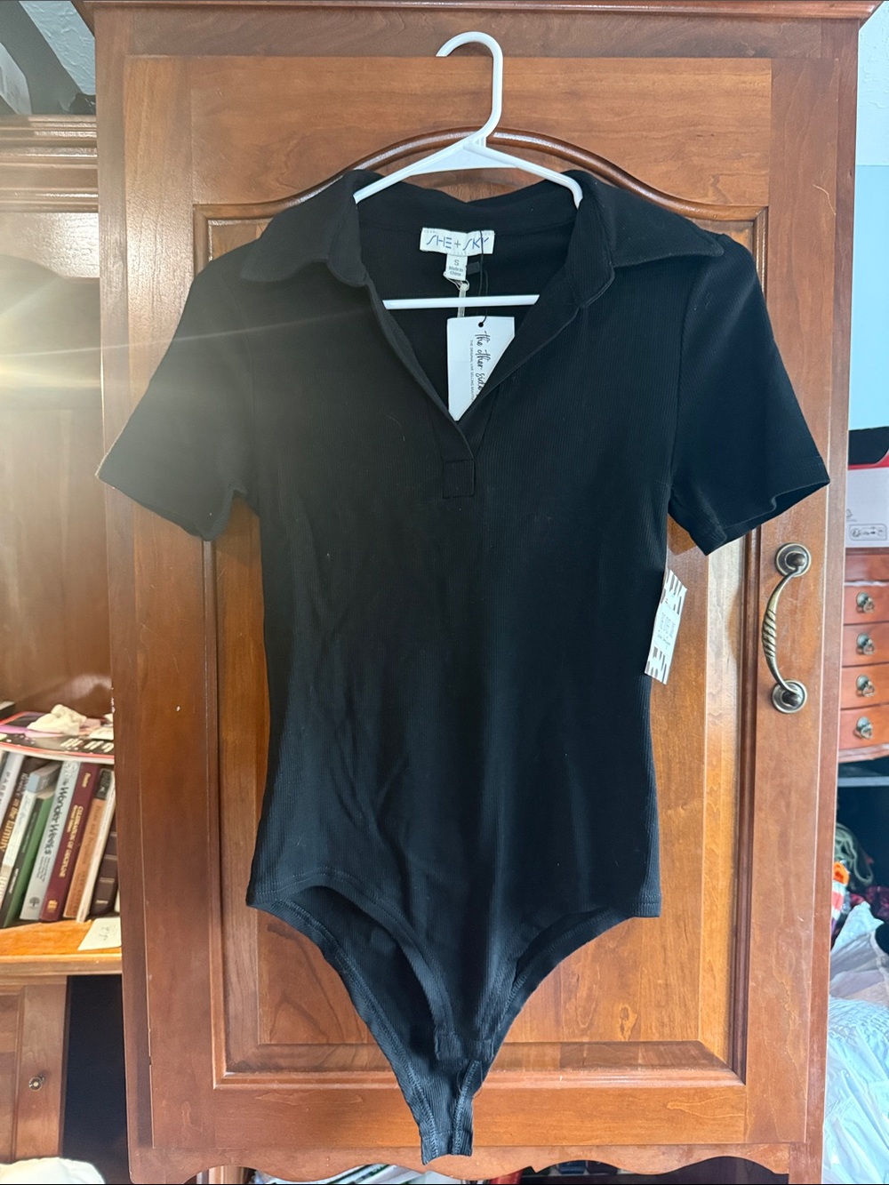 She + Sky Black Short-Sleeve Polo Bodysuit